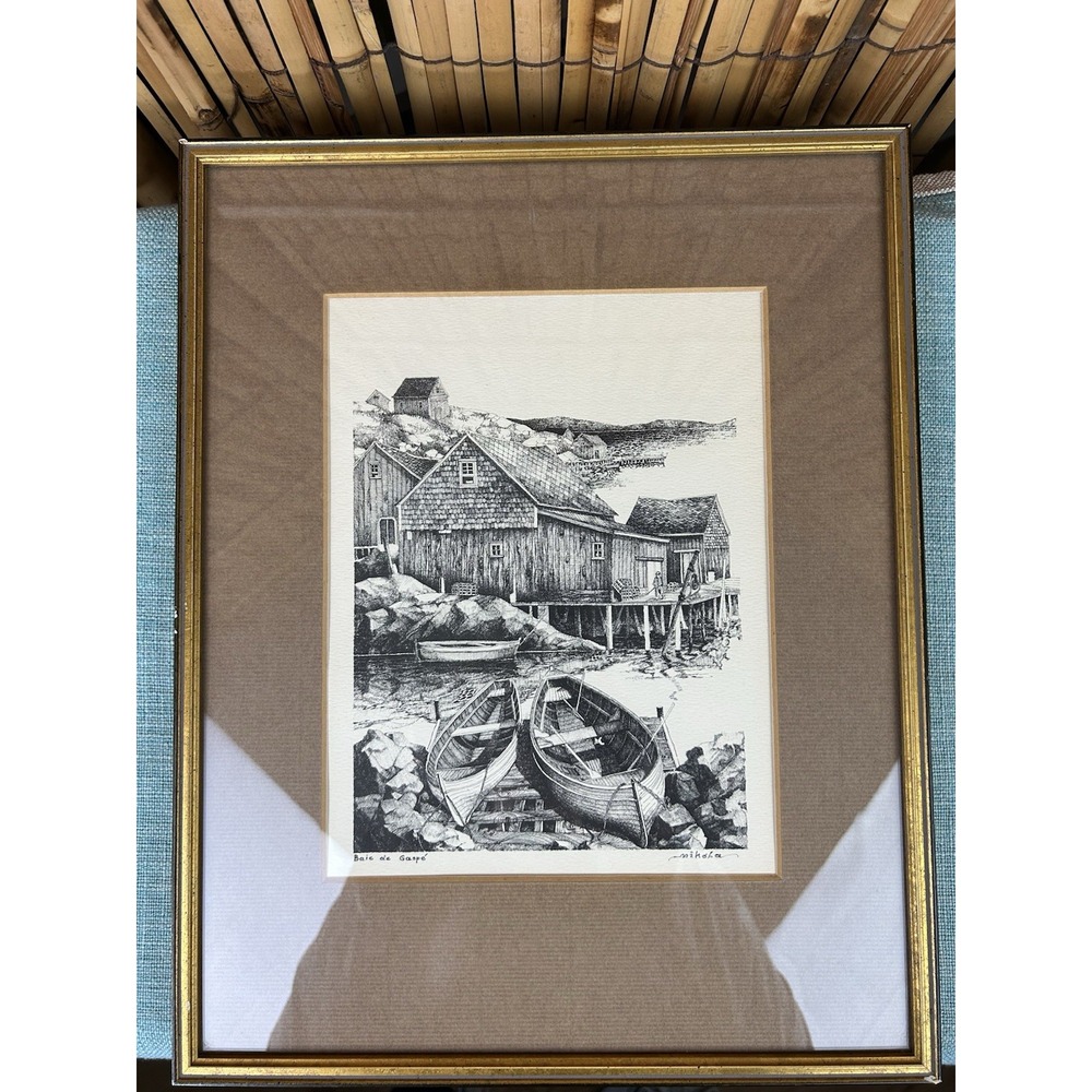 Black And White Etching "Baie de Gaspe" by Mikola Framed Picture - Picture 2 of 16